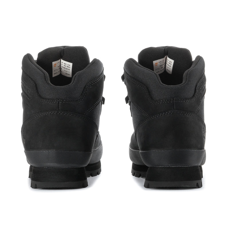 Men's black nubuck hiker boots, rear view with padded heel and rugged sole