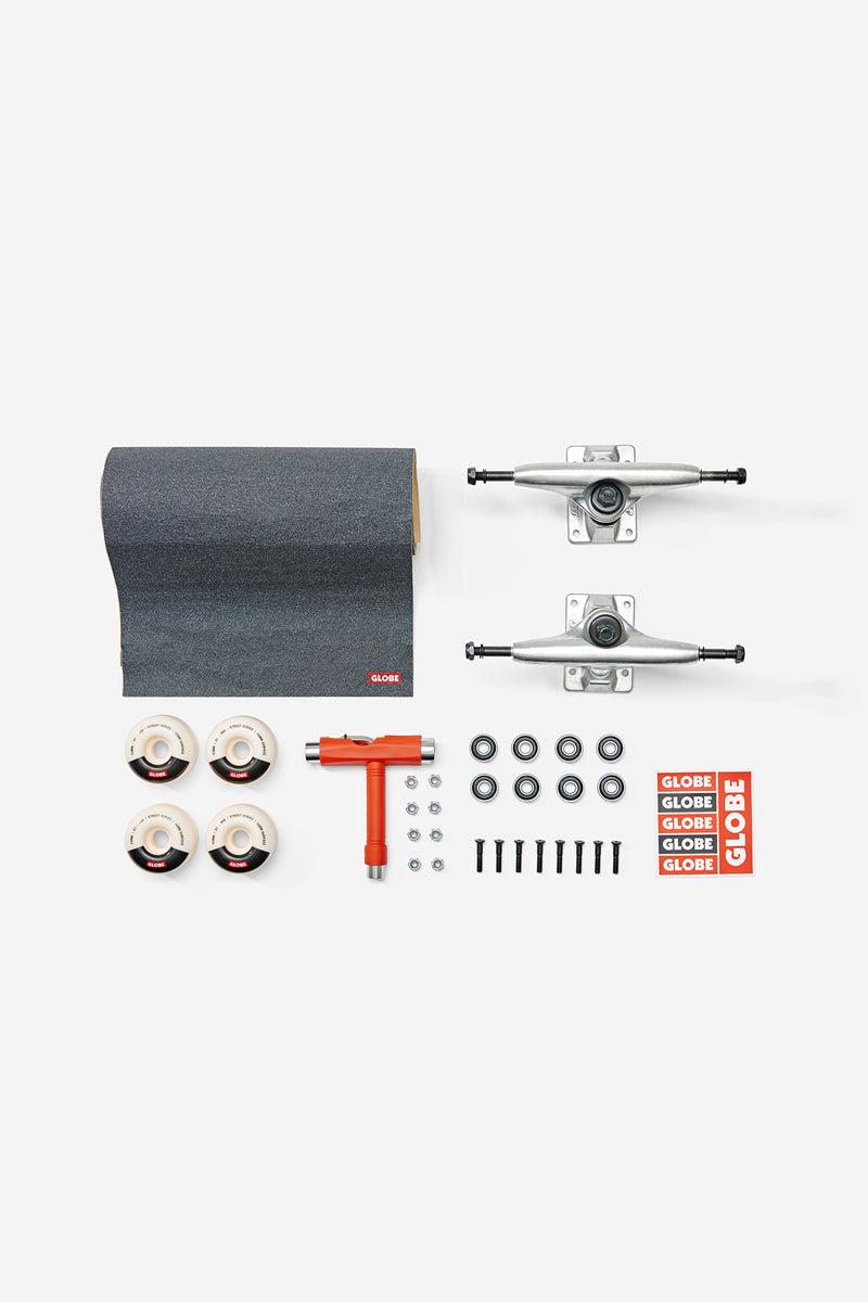 5.0 Everything But The Deck accessories with two silver trucks, grip tape, wheels, bearings, hardware, T tool, and Globe stickers