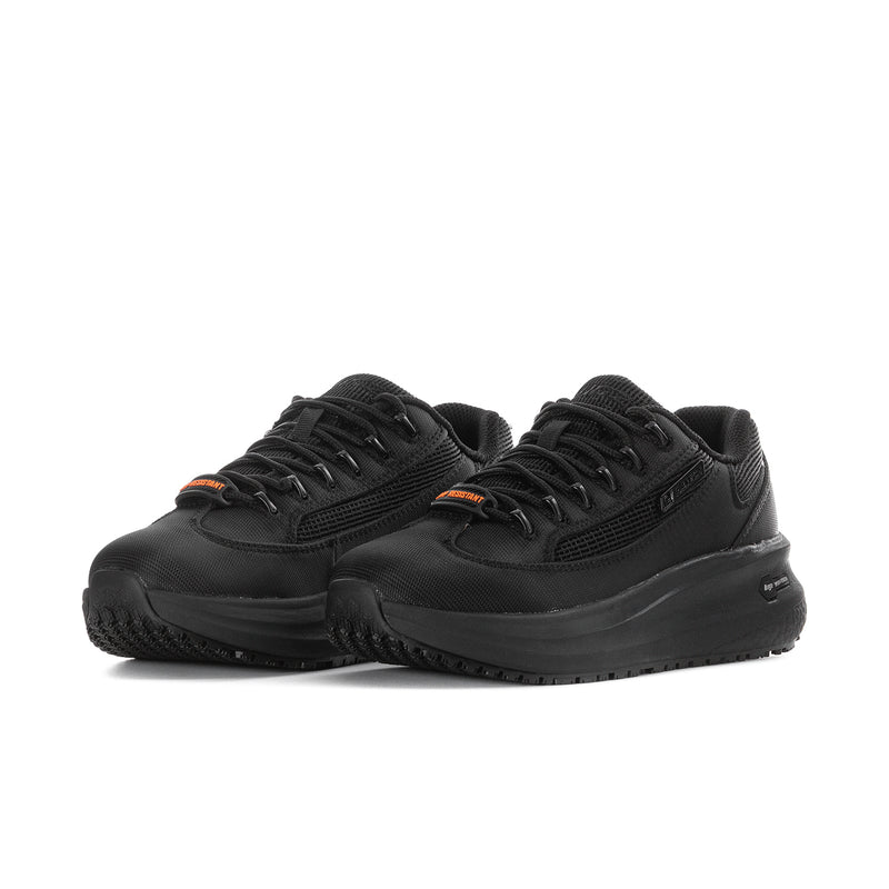 Women's black lace-up athletic sneakers, side view with chunky outsole tread