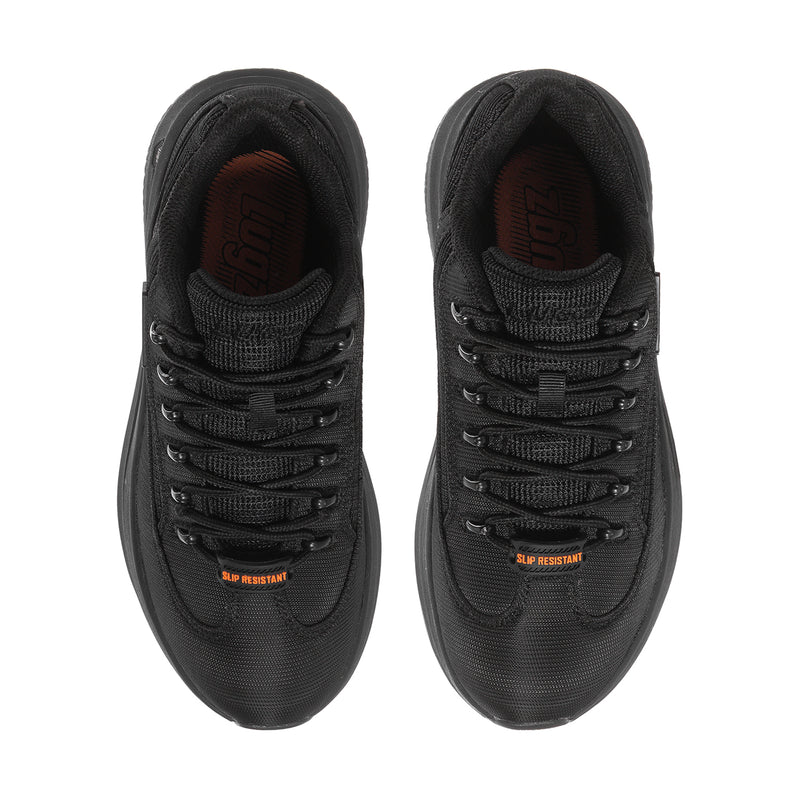 Women's black sneakers, front view showing lace eyelets and padded collar