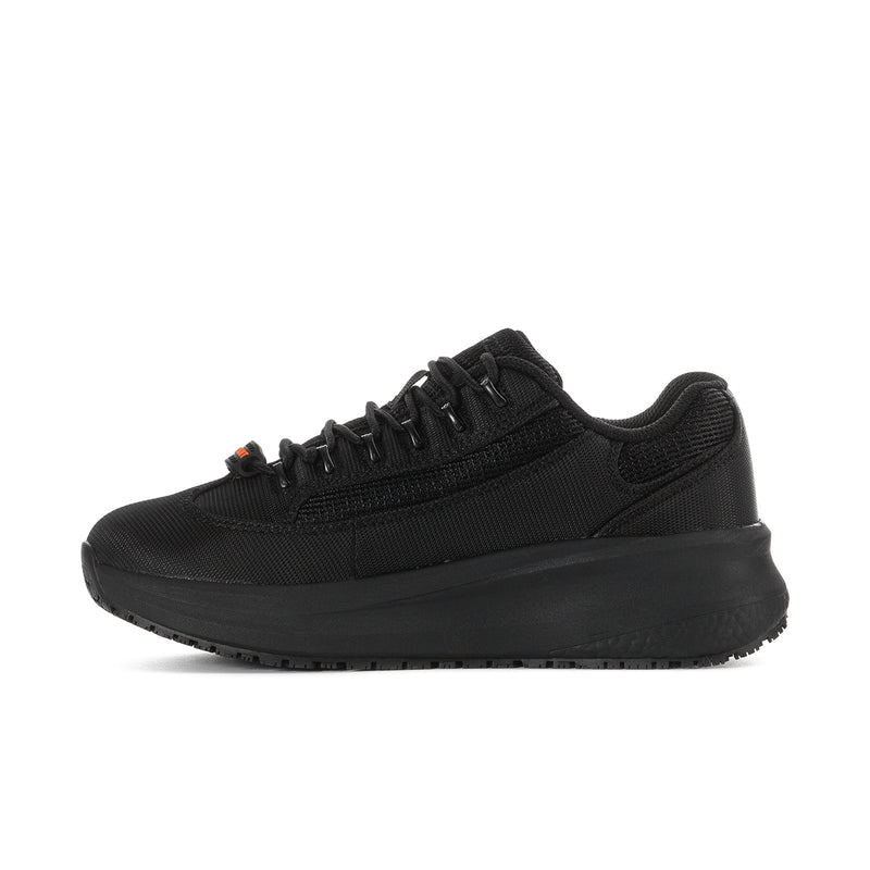 Women's black lace-up athletic sneakers with low profile design and side logo