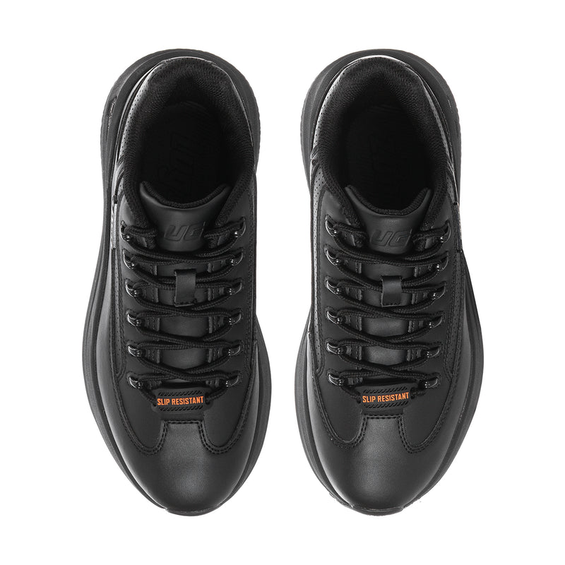 Pair of women's black lace-up sneakers with cushioned tongue and eyelets