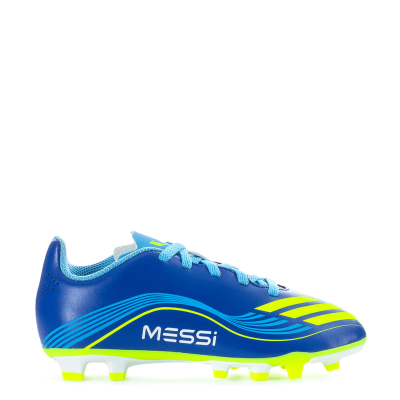 Kids Messi F50 FG soccer cleat, blue upper with neon yellow-green studs