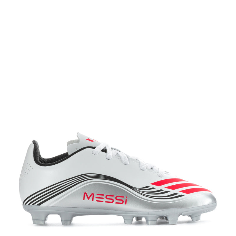 Kids soccer cleats in white with red accents and black trim, low-cut FG studs