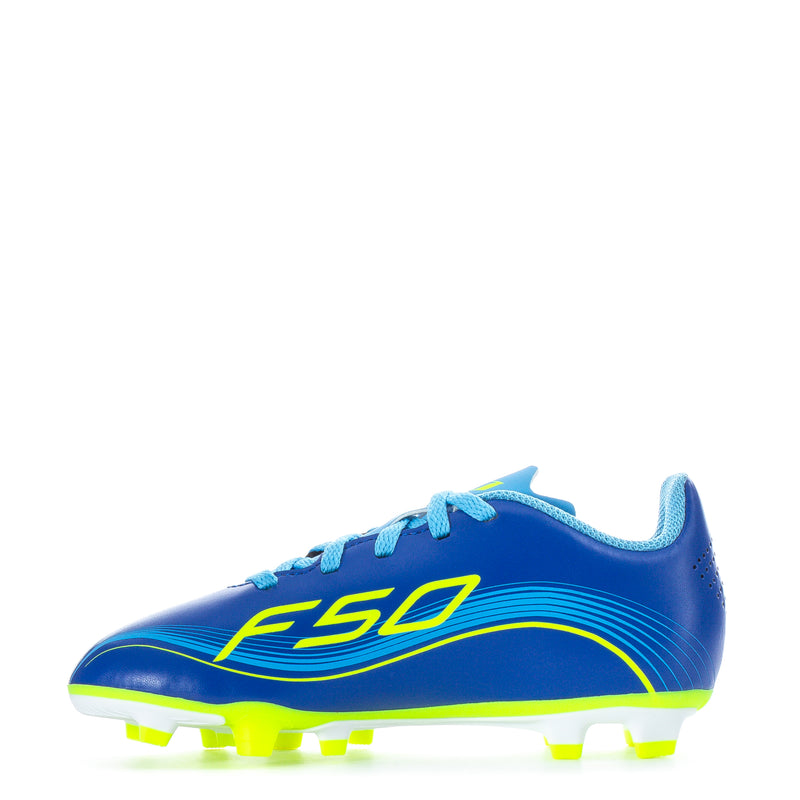 Kids F50 FG soccer cleat, blue with F50 graphic and neon yellow-green outsole