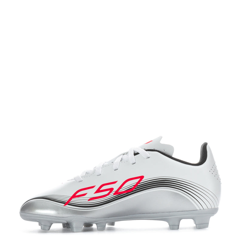 Kids soccer cleats, white upper with red F50 stripes and black collar, FG studs