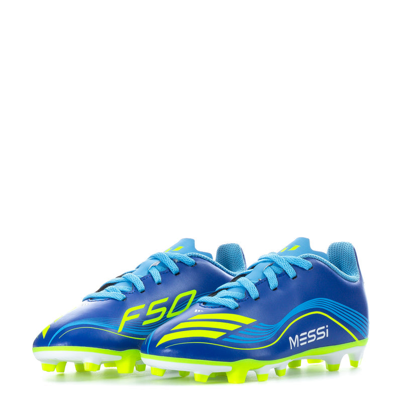 Kids soccer cleat pair, blue uppers with Messi and F50 logos, FG studs