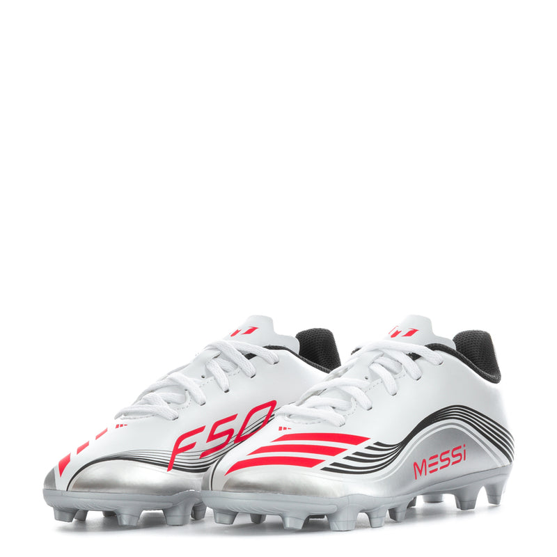 Pair of kids soccer cleats, white with red branding, black interior, molded FG sole