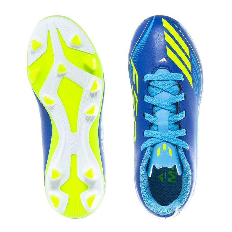 Kids FG soccer cleat sole and upper view: white studs with neon yellow-green accents