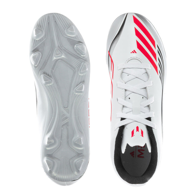 Kids soccer cleats: outsole and instep view, white studs with red stripe details