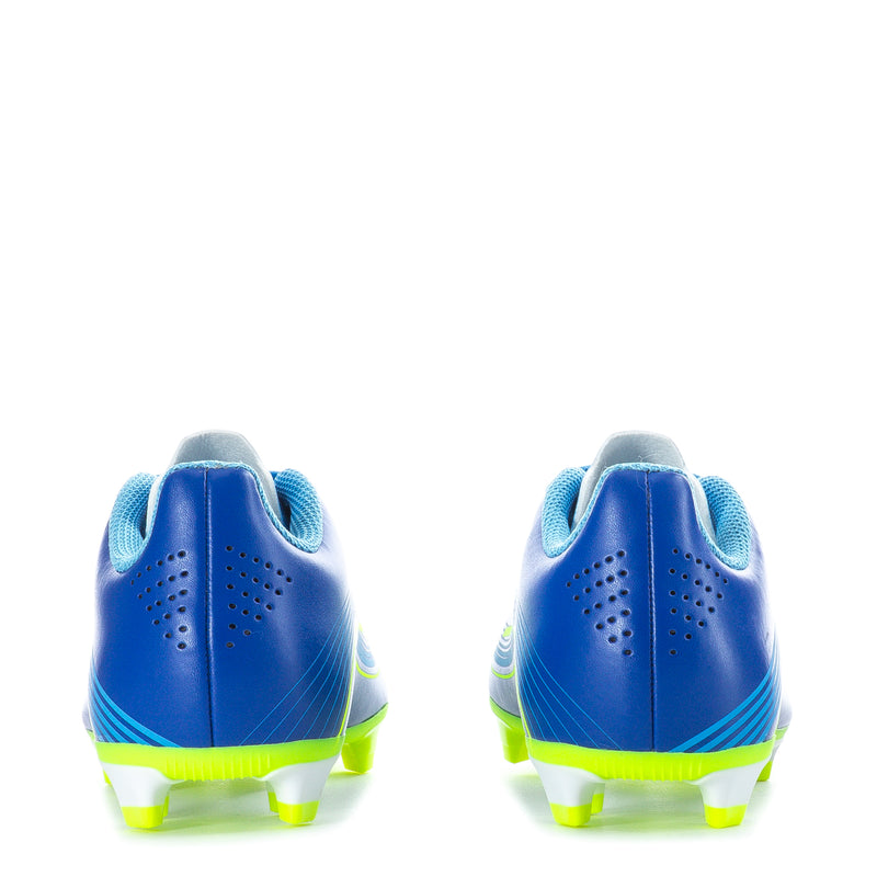Kids soccer cleat heels, blue uppers with neon yellow-green FG stud outsole