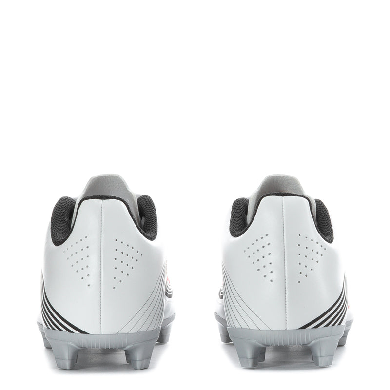Kids soccer cleats heel view, white leather with black heel lining, FG stud sole