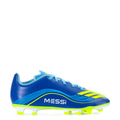 Youth soccer cleat, blue upper with Messi logo, neon green studs