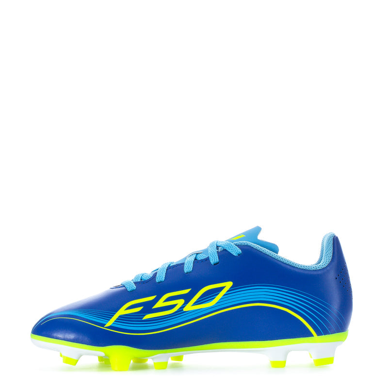 Youth soccer cleat, side view with F50 graphic and neon green outsole