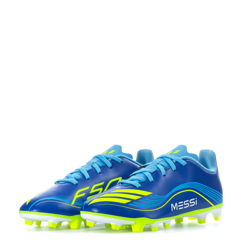 Pair of youth soccer cleats, blue with neon green studs and Messi side logo