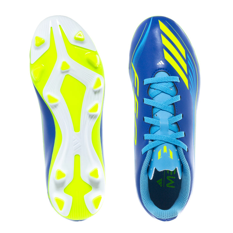 Youth soccer cleats, sole view and side profile with blue laces, neon green outsole