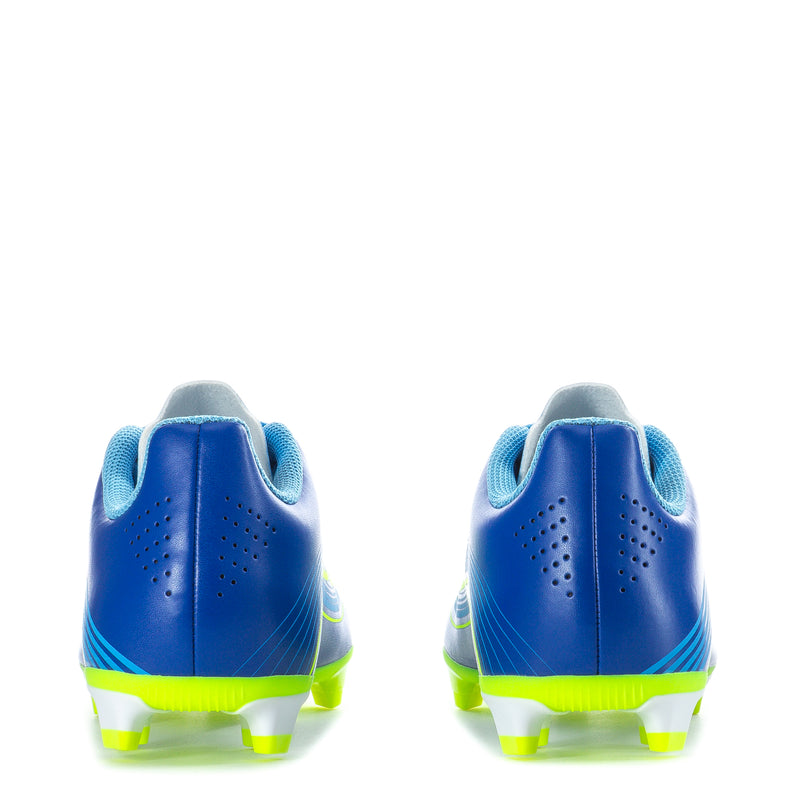 Youth soccer cleats, rear view in blue with neon green heel and stud outsole