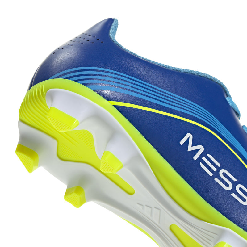 Youth soccer cleat sole close-up with neon green studs on blue-and-green base