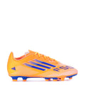 Youth FG soccer cleats, yellow-orange with blue stripes, lace-up front and grip studs.