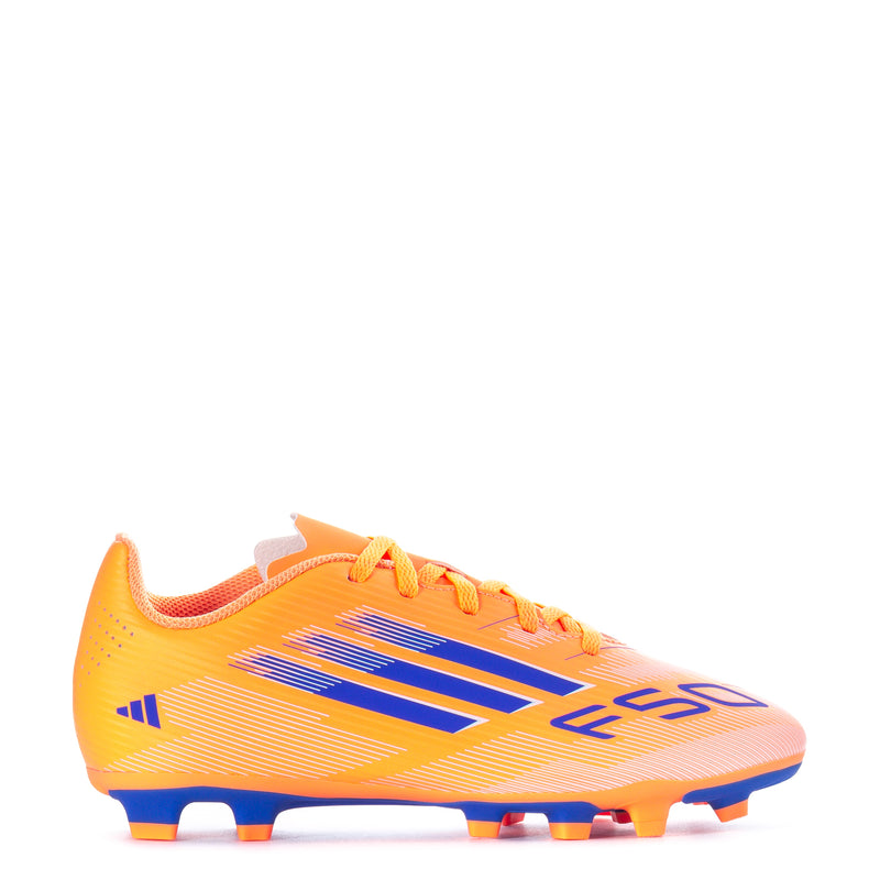 Youth FG soccer cleats, yellow-orange with blue stripes, lace-up front and grip studs.