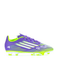 Purple youth soccer cleat with neon green heel and white striped details