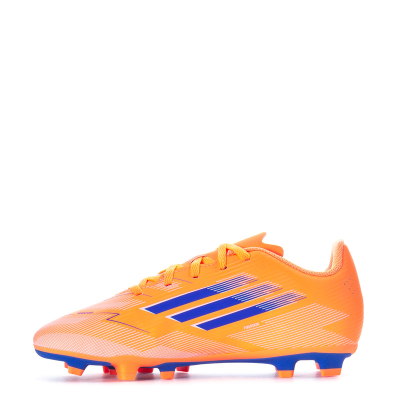 Youth FG soccer cleats, orange with blue stripe graphics and studded outsole for grip.