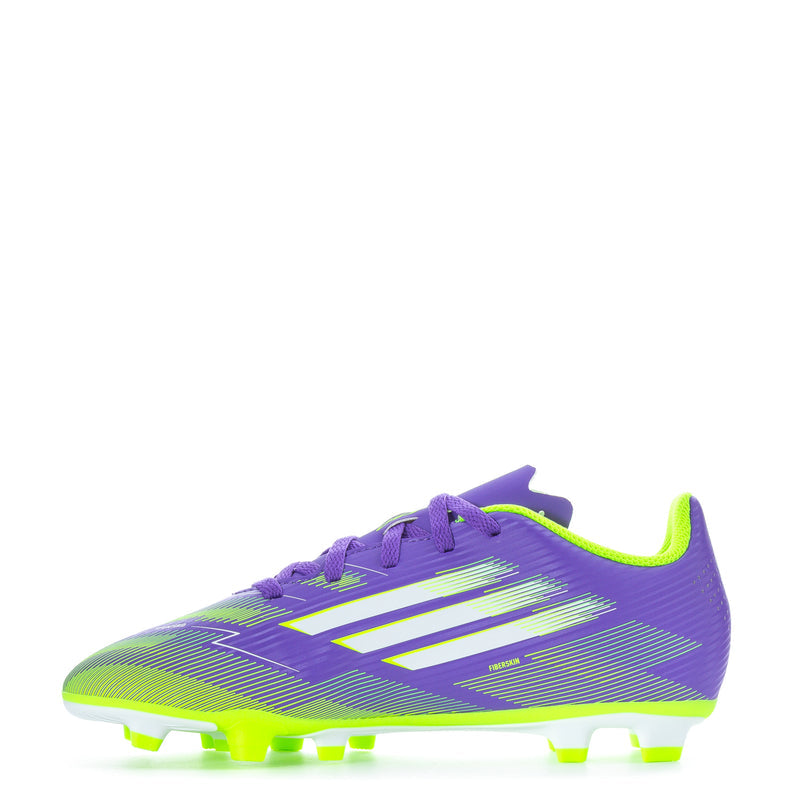 Purple youth soccer cleat with laces, neon green trim, and FG firm-ground studs