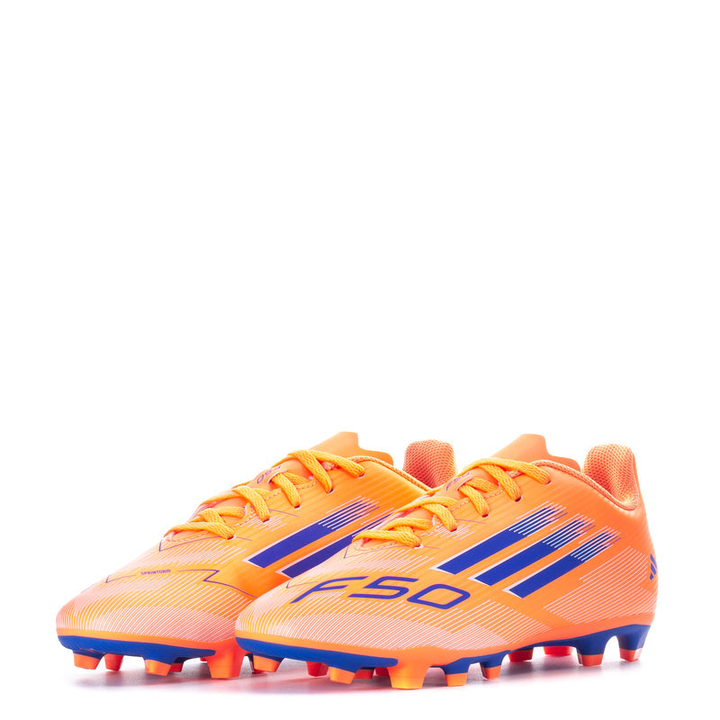Youth FG soccer cleats pair, orange with blue stripes, lace-up design and molded studs.