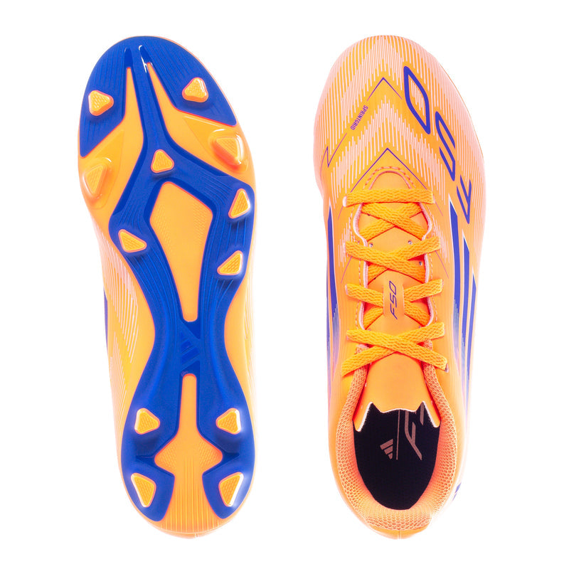 Youth FG soccer cleats, orange and blue, with textured stud outsole and molded traction.