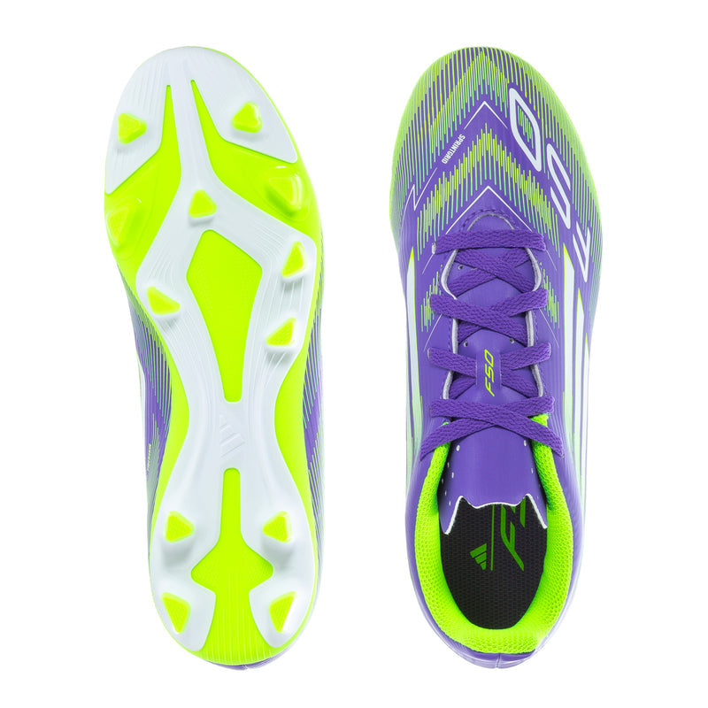 Youth soccer cleat soles: white traction studs with neon green and purple sides