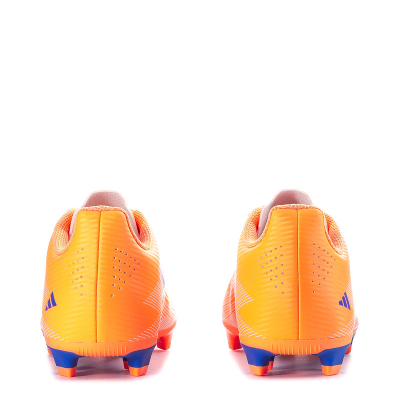 Youth FG soccer cleats, orange with blue heel accents, lace-up front and studded sole.