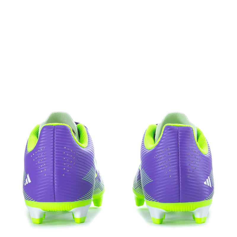 Back view of purple youth soccer cleats with neon green heel accents and FG studs