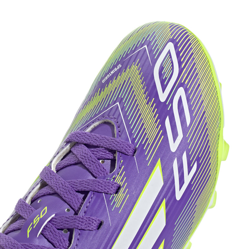 Purple youth soccer cleat upper with laces, “F50” logo, and neon green highlights