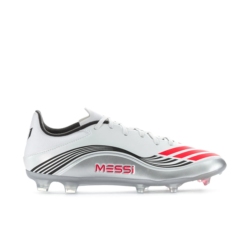 Men’s white soccer cleat with red accents, Messi graphic, and molded stud sole
