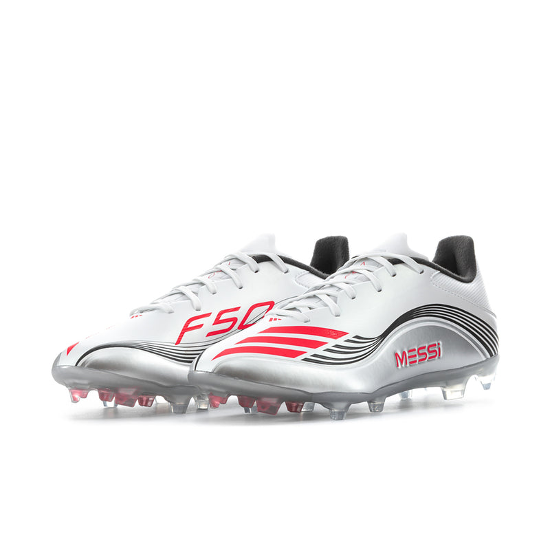 Men’s white soccer cleat with red F50 and Messi branding, front view