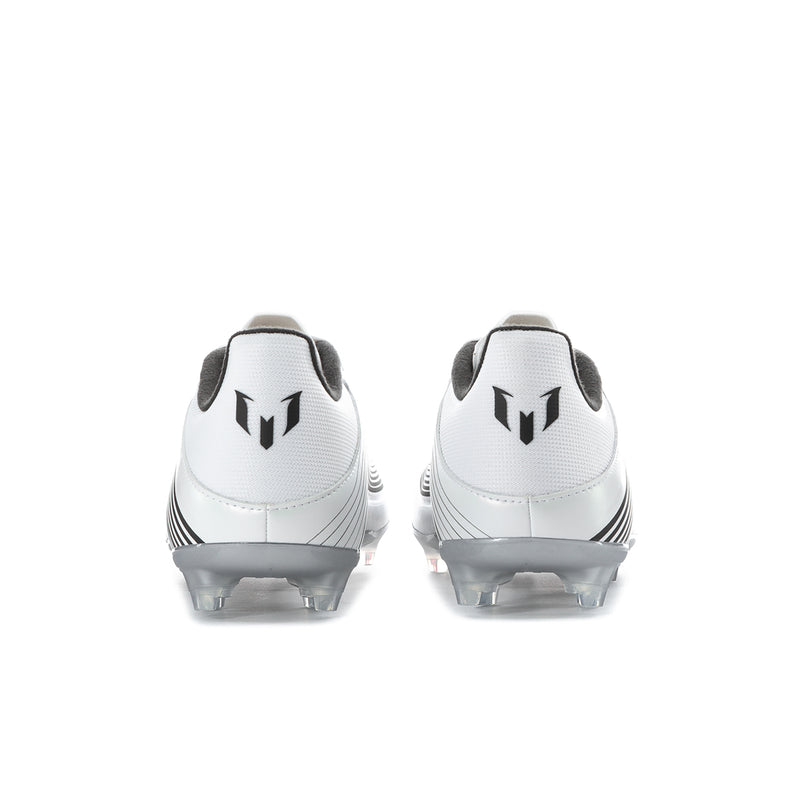 Men’s white soccer cleats from heel view with black detailing and stud outsole