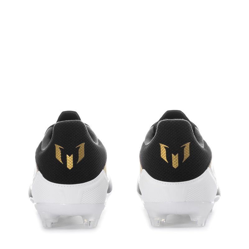 Men's soccer cleats heel view, black back with gold crest, white outsole studs