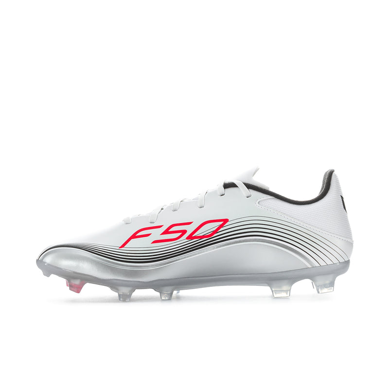 Men’s white low-cut soccer cleat with red F50 logo and black wave stripes