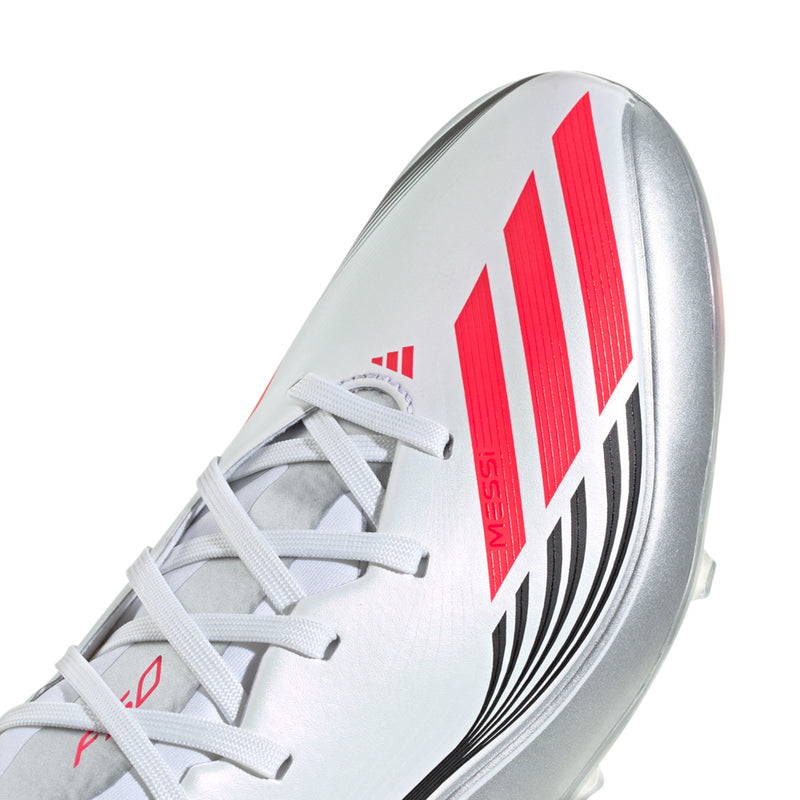 Men’s white soccer cleat upper with red stripes, Messi logo, and lace closure