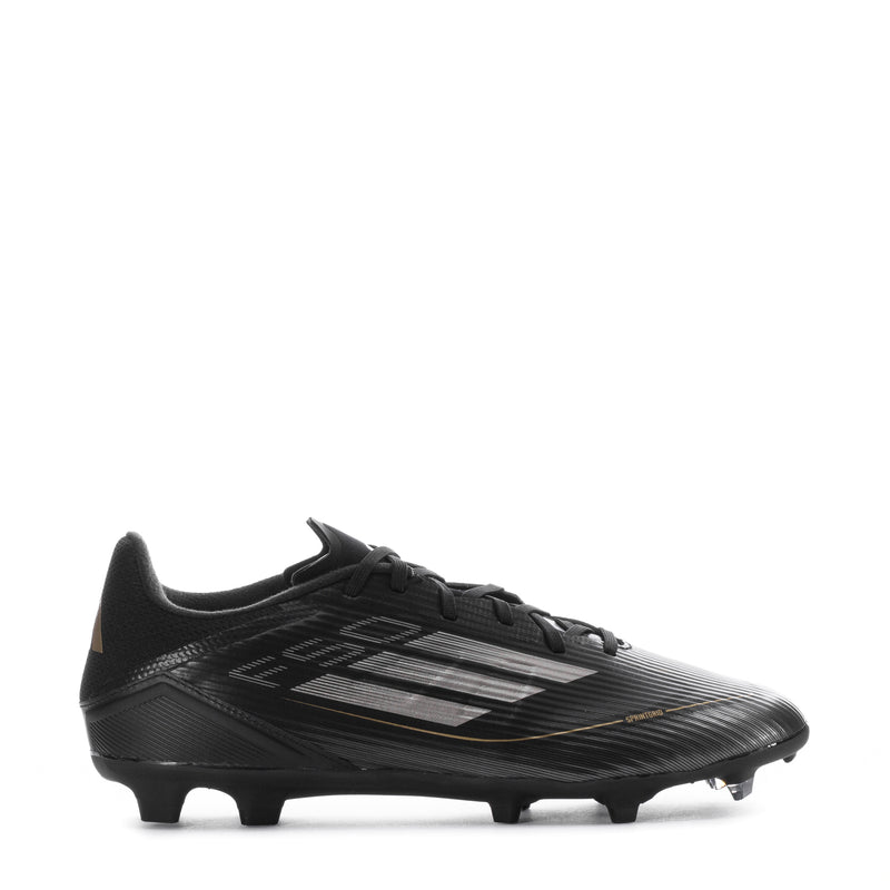 Men's mid-cut soccer cleats, black with silver stripes and molded studs