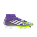 Men's mid-cut soccer cleats, purple and neon green upper with studded bottom