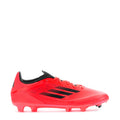Red men's mid-cut football cleat with black stripes and lace-up front.