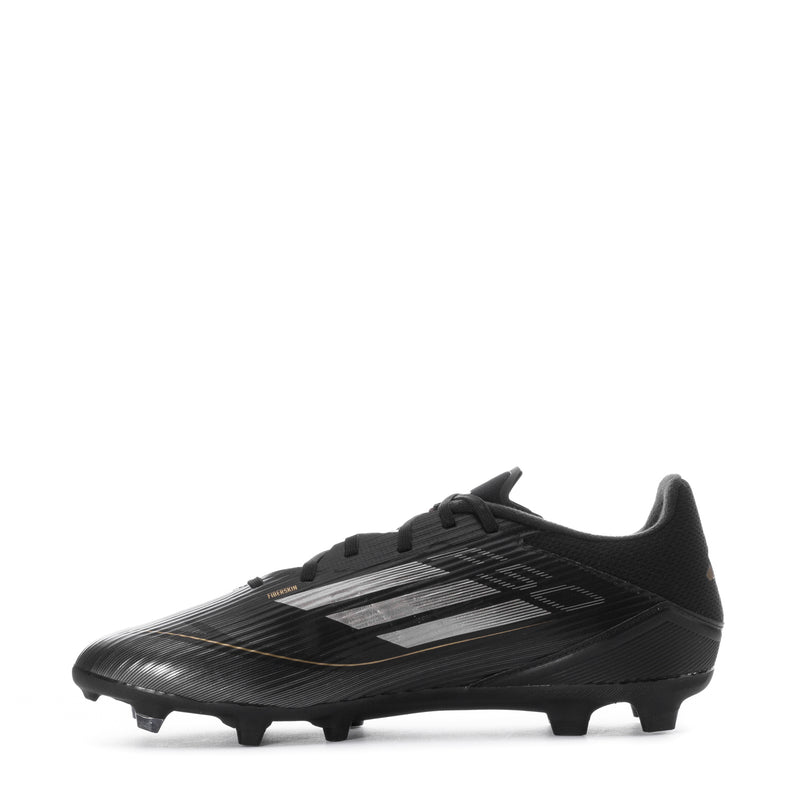 Men's mid-cut soccer cleats, side view in black with silver diagonal stripes