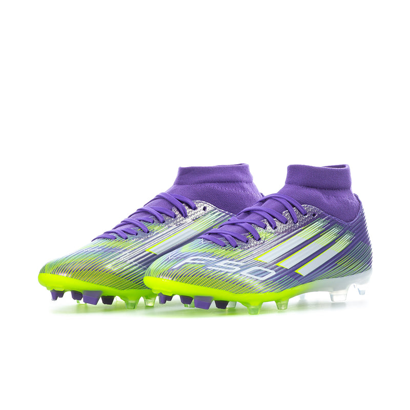 Pair of men's mid-cut soccer cleats in purple with neon green patterning and studs