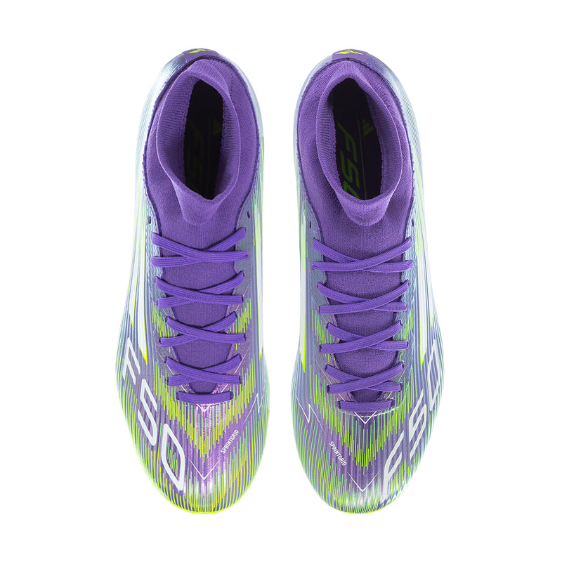 Top view of men's soccer cleats showing purple inner lining and multicolor upper