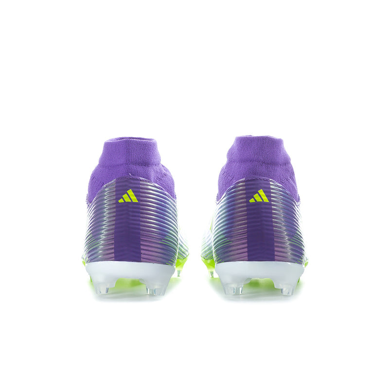 Rear view of men's mid-cut soccer cleats with purple heel and neon green sole studs