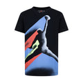 Youth black graphic T-shirt with colorful fade-style jumping figure print