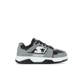 Kids low-top sneakers with gray leather panels, black laces, and star logo
