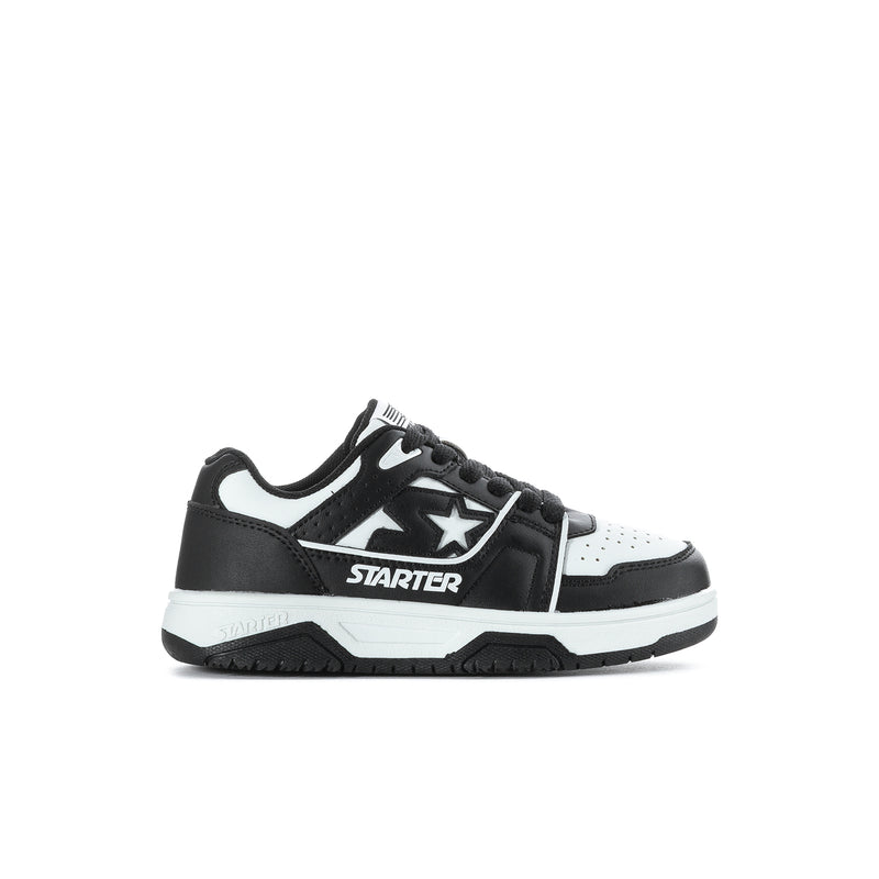 Kids' black-and-white low-top sneakers with star logo, lace-up, chunky sole