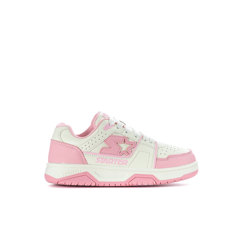 Kids low-top sneakers, white and pink with star logo and lace-up